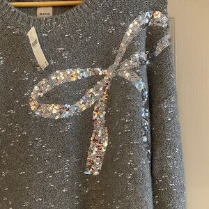 Maeve Silver-Gray Sequin Bow Crewneck Sweater